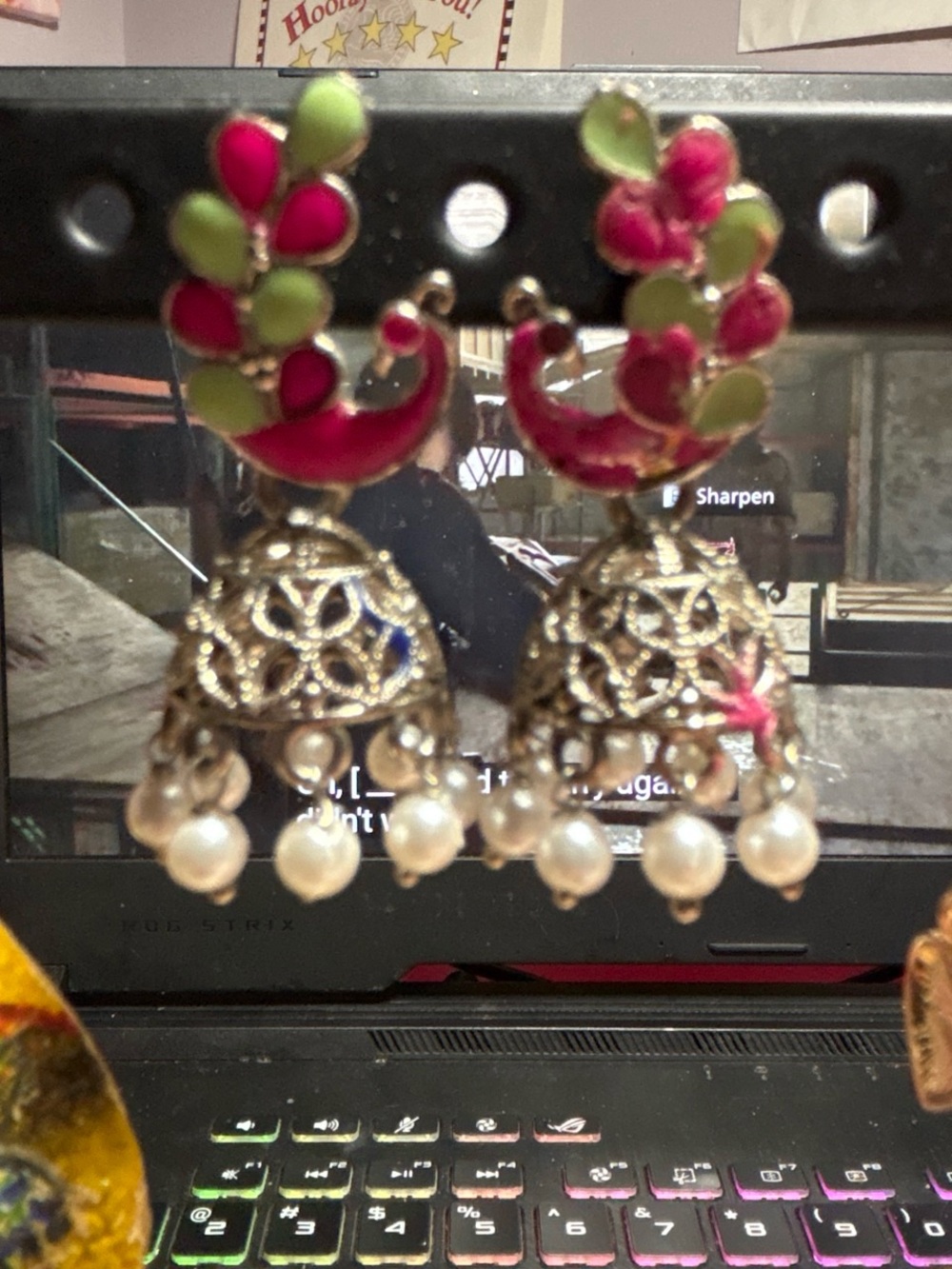 Gold Pearl Jhumka Earrings with Pink and Green Enamel
